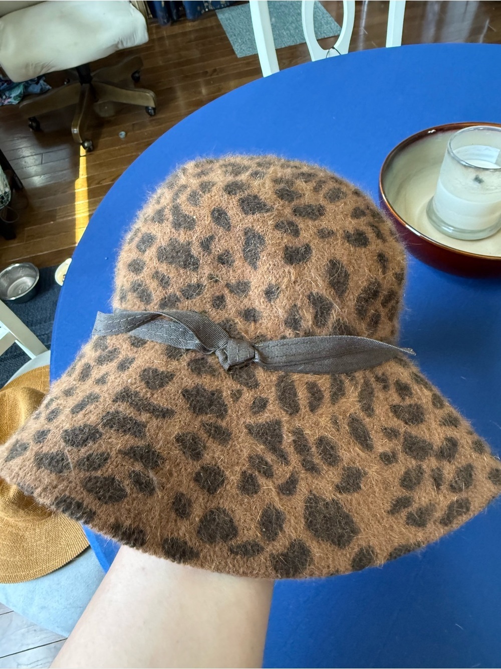 Leopard Print Rabbit Hair Wool Blend Bucket Hat with Ribbon - Picture 2 of 3